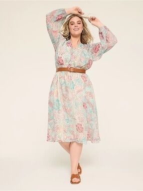 Lane Bryant Pink & Mint Floral Long-Sleeve Midi Dress